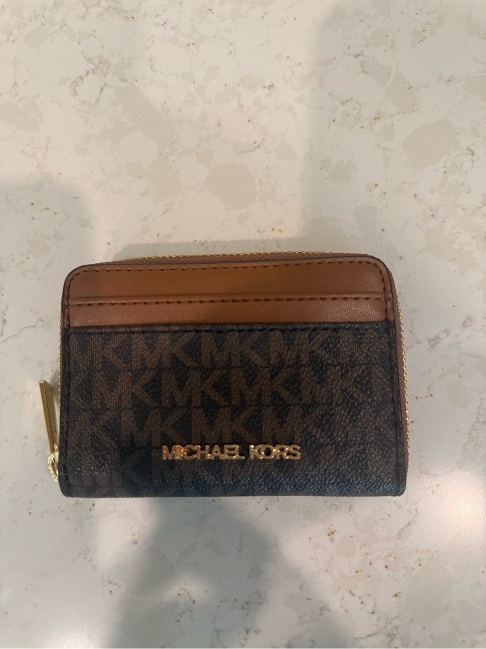Michael Kors Brown and Tan MK Logo Zip Card Holder